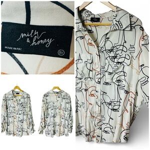 Face Line Art Print Milk & Honey Button Front Blouse White Black